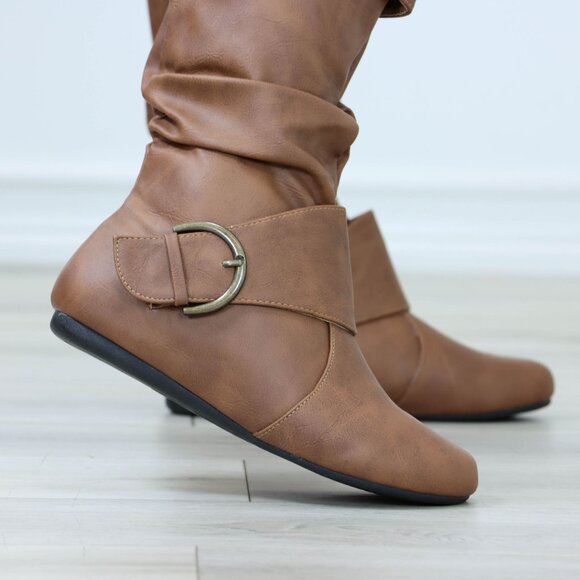 Flat Mid Calf Boots Synthetic Leather Buckles Round Toe Womens Casual Tan - Picture 3 of 16